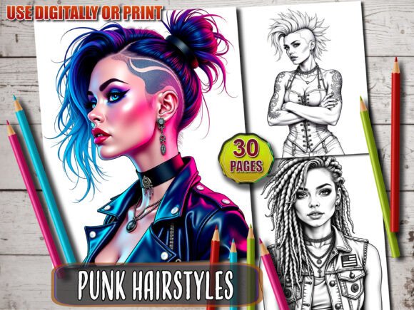 30 Punk Hairstyles Coloring Page Book